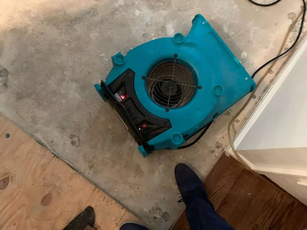 Air mover drying subfloor during Commercial Water Damage Restoration in Wheat Ridge
